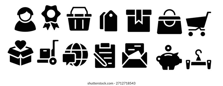 Iconos del glifo del comercio electrónico que incluyen el Carrito del hombre de la mujer de Internet