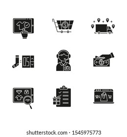 E commerce glyph icons set. Online shopping. Searching, buying and ordering goods. Payment by credit card and cash. Internet shop, online store app. Silhouette symbols. Vector isolated illustration