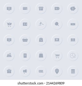 e commerce gray vector icons on round rubber buttons. e commerce icon set for web, mobile apps, ui design and promo business polygraphy
