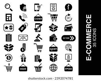 E- commerce icon collection. Ecommerce vector icons, 35 icons, wallet icon, secure, payment, price icon and other icons.