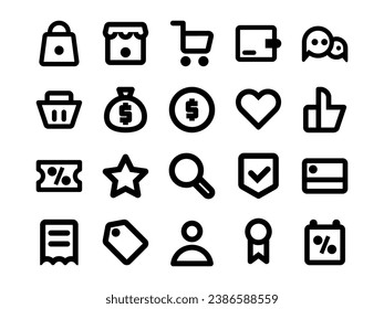 E Commerce Icon Pack in Outline Style. Perfect for Websites, Landing Pages, Mobile Apps, Presentations, and Other Projects. Suitable for User Interface and User Experience UI UX.