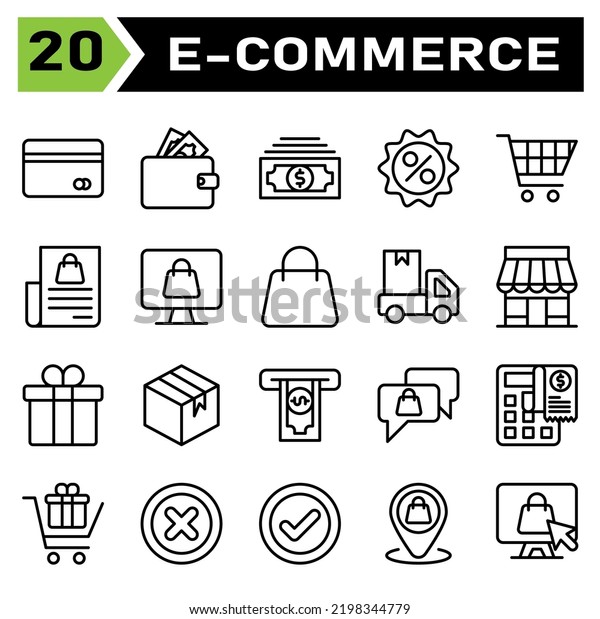 E commerce icon set include e commerce, money,
wallet, finance, dollar, discount, price, sale, percent, trolley,
buy, chart, shopping, bill, computer, cart, shop, online, bag,
truck, delivery, car