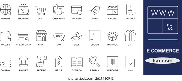 E commerce icon set including shopping, cart, checkout, payment, discount, coupon, sale, product, shipping, delivery, invoice, wallet, storefront, and services