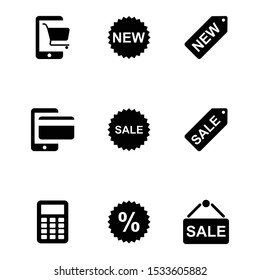 e commerce icon set. mobile shopping, star label, new, sale, calculator, online payment black and isolated vector illustration
