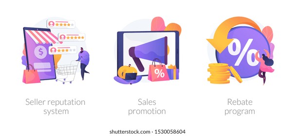 E commerce icons cartoon set. Online store discounts. Internet shopping. Seller reputation system, sales promotion, rebate program metaphors. Vector isolated concept metaphor illustrations