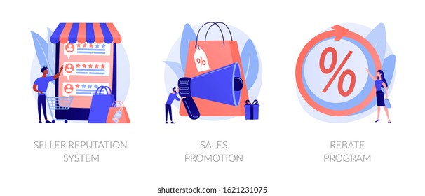 E commerce icons cartoon set. Online store discounts. Internet shopping. Seller reputation system, sales promotion, rebate program metaphors. Vector isolated concept metaphor illustrations