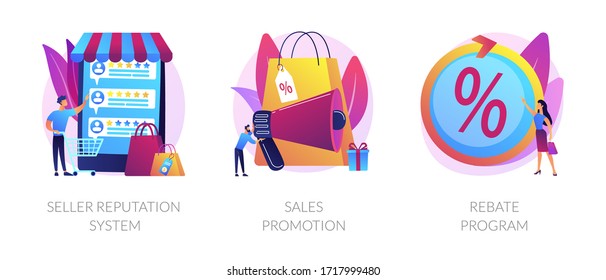 E commerce icons cartoon set. Online store discounts. Internet shopping. Seller reputation system, sales promotion, rebate program metaphors. Vector isolated concept metaphor illustrations