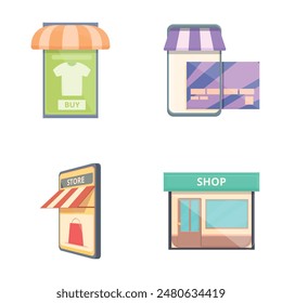 Iconos de comercio electrónico conjunto de Vector de dibujos animados. Compras en línea en Sitio web o App móvil. Marketing digital, comercio por Internet