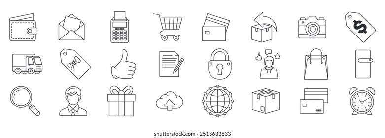 E-Commerce-Icons-Set, Enthaltene Icons als Barcode, Box, Uhr, Preis-Tag und mehr Symbole Sammlung, Logo einzelne Vektorgrafik