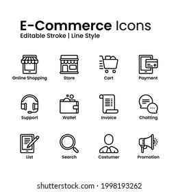 E Commerce Icons Set Line Style. Online Shop, Store, Promotion And More. Editable Stroke. Design Element Vector Illustration