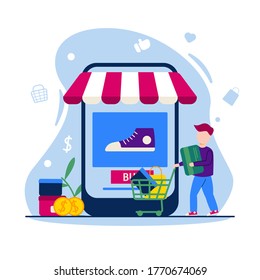 e commerce illustration - online shop concept in flat design - people shopping with trolly