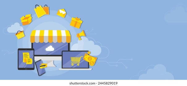 E- commerce layout design. Vector Computing and Data Cloud Technology Concept Background. Digital devices icon illustrations. Electronic devices and e commerce concept icons. 