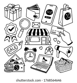 Ilustración del doodle de la línea de comercio electrónico