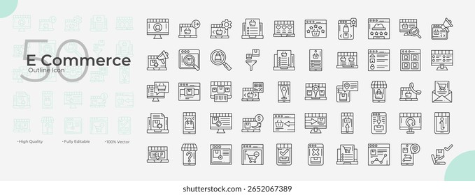 Conjunto de ícones editáveis da linha de comércio eletrônico. Ilustração vetorial no estilo de linha fina moderna de ícones de comércio eletrônico: comércio eletrônico, compras, compra, etc