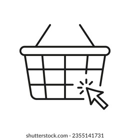 E Commerce Line Icon. Online Supermarket, Internet Grocery Store Linear Pictogram. Basket with Click Pointer Sign. Shopping Bag Outline Symbol. Editable Stroke. Isolated Vector Illustration.
