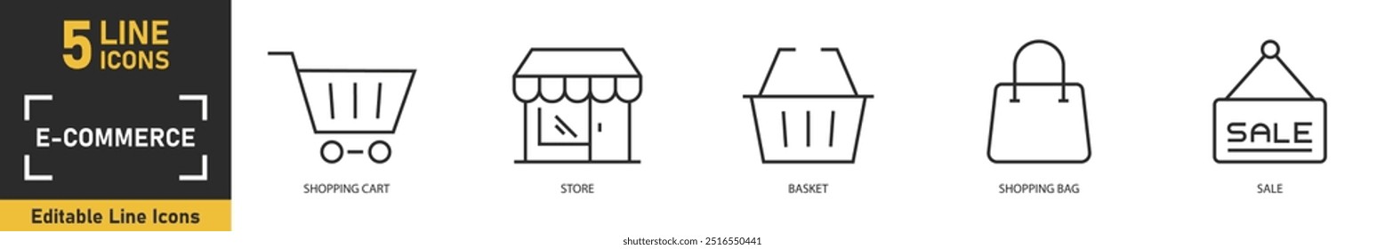 E Commerce line icon set. Set of 5 outline icons related to shopping cart, store, basket, shopping bag, sale and more. Vector illustration.