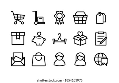 E Commerce Line Icons Including Cart, Trolley, Medal, Basket, Tags, Gift, Piggy, Hanger, Box, Clipboard, Mail, Bag, Man, Women, Internet