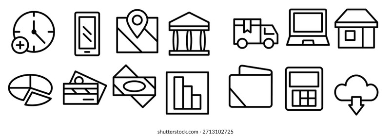 Iconos de la línea de comercio electrónico que incluyen la estadística de la tienda del ordenador portátil