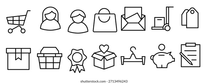 e commerce line icons including cart trolley medal