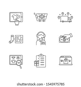 E commerce linear icons set. Online shopping. Searching, buying and ordering goods. Internet shop, online store app. Thin line contour symbols. Isolated vector outline illustrations. Editable stroke