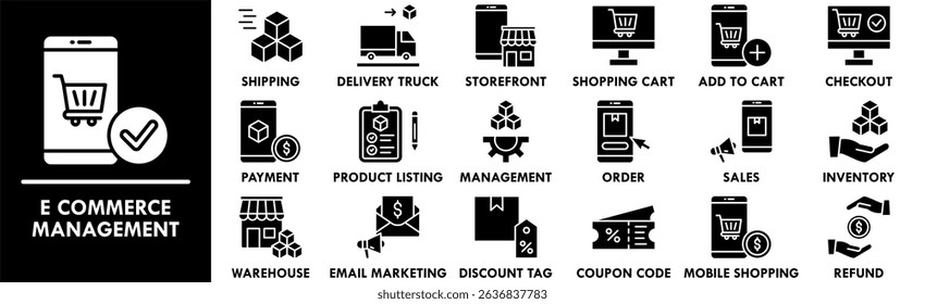 E Commerce Management icon collection set. Containing design e-commerce, business, internet, computer, laptop
