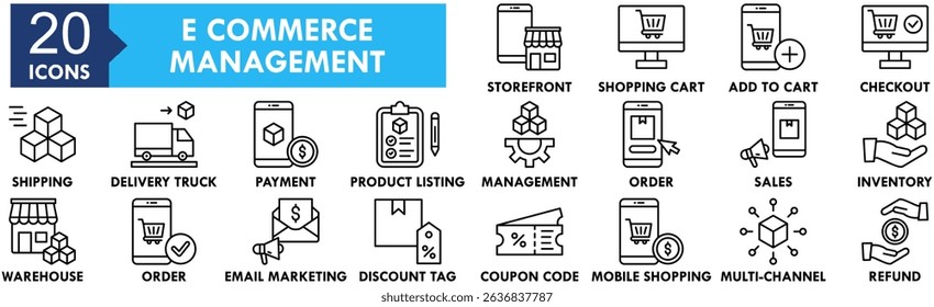E Commerce Management icon collection set. Containing design e-commerce, business, internet, computer, laptop