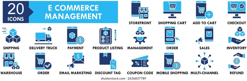 E Commerce Management icon collection set. Containing design e-commerce, business, internet, computer, laptop