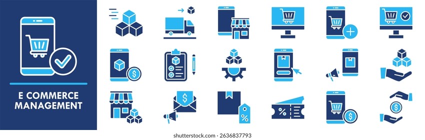 E Commerce Management icon collection set. Containing design e-commerce, business, internet, computer, laptop