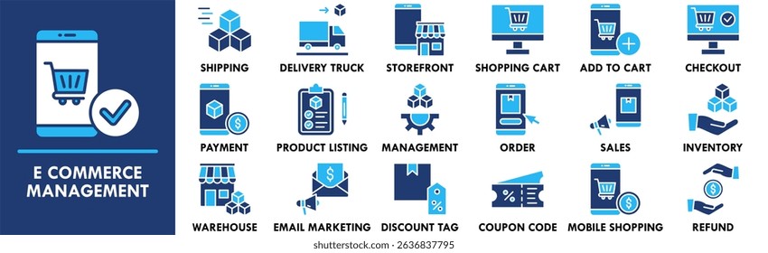 E Commerce Management icon collection set. Containing design e-commerce, business, internet, computer, laptop