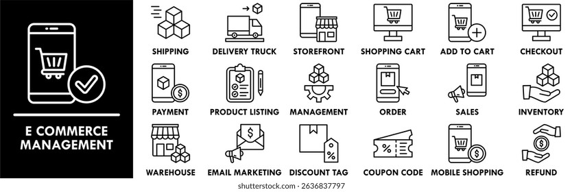 E Commerce Management icon collection set. Containing design e-commerce, business, internet, computer, laptop