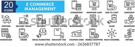 E Commerce Management icon collection set. Containing design e-commerce, business, internet, computer, laptop