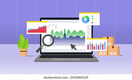 E Commerce Market Performance Illustration concept. Statistical and Data analysis for business finance investment concept. Vector illustration with purple background