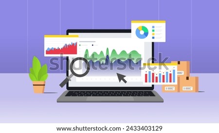E Commerce Market Performance Illustration concept. Statistical and Data analysis for business finance investment concept. Vector illustration with purple background