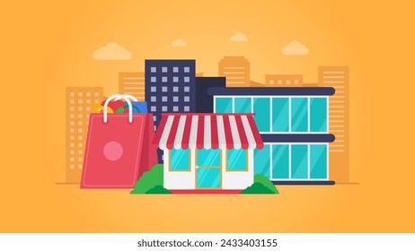 E Commerce market vector illustration with orange background color, building and shopping bag