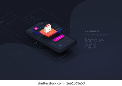 E commerce for mobile applications. Web page created from separate blocks. User experience, user interface. Layouts of the mobile application by layers. Modern vector illustration isometric style.