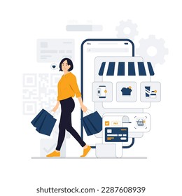 E commerce online purchase phone shopping  Woman carrying shopping bags next to mobile phone concept illustration