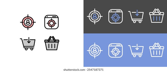 E commerce and online shop symbol set - modern target group, and cart icon symbols
