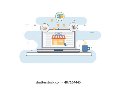 E - Commerce And Online Shoping Concept. Vector Line Design Illustration