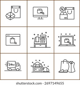 Conceito de comércio eletrônico e compras on-line em estilo de arte linear.