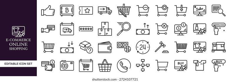 E-Commerce Online Shopping Editable Line Icon Mega Set Con Negocios, Tecnología, Marketing, Pago, Entrega, Carrito, Venta, Tienda, Comercio Digital y Símbolos de Venta al Por Menor para Web, App, UI, Branding y Proyectos Creativos