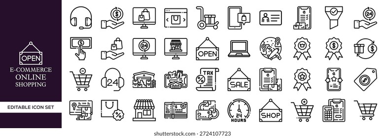 E-Commerce Online Shopping Editable Line Icon Mega Set Con Negocios, Tecnología, Marketing, Pago, Entrega, Carrito, Venta, Tienda, Comercio Digital y Símbolos de Venta al Por Menor para Web, App, UI, Branding y Proyectos Creativos