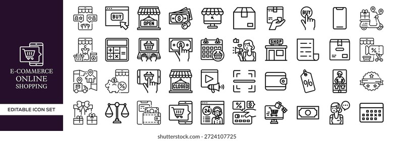 E-Commerce Online Shopping Editable Line Icon Mega Set Con Negocios, Tecnología, Marketing, Pago, Entrega, Carrito, Venta, Tienda, Comercio Digital y Símbolos de Venta al Por Menor para Web, App, UI, Branding y Proyectos Creativos