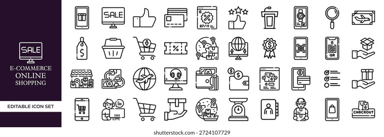 E-Commerce Online Shopping Editable Line Icon Mega Set Con Negocios, Tecnología, Marketing, Pago, Entrega, Carrito, Venta, Tienda, Comercio Digital y Símbolos de Venta al Por Menor para Web, App, UI, Branding y Proyectos Creativos