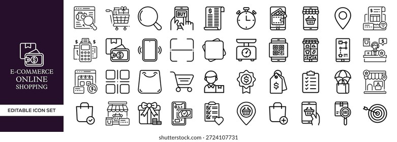 E-Commerce Online Shopping Editable Line Icon Mega Set Con Negocios, Tecnología, Marketing, Pago, Entrega, Carrito, Venta, Tienda, Comercio Digital y Símbolos de Venta al Por Menor para Web, App, UI, Branding y Proyectos Creativos