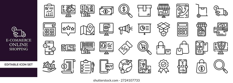E-Commerce Online Shopping Editable Line Icon Mega Set Con Negocios, Tecnología, Marketing, Pago, Entrega, Carrito, Venta, Tienda, Comercio Digital y Símbolos de Venta al Por Menor para Web, App, UI, Branding y Proyectos Creativos
