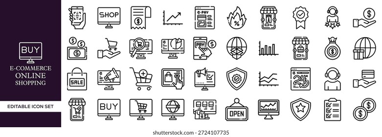 E-Commerce Online Shopping Editable Line Icon Mega Set Con Negocios, Tecnología, Marketing, Pago, Entrega, Carrito, Venta, Tienda, Comercio Digital y Símbolos de Venta al Por Menor para Web, App, UI, Branding y Proyectos Creativos