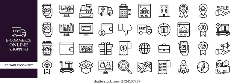 E-Commerce Online Shopping Editable Line Icon Mega Set Con Negocios, Tecnología, Marketing, Pago, Entrega, Carrito, Venta, Tienda, Comercio Digital y Símbolos de Venta al Por Menor para Web, App, UI, Branding y Proyectos Creativos