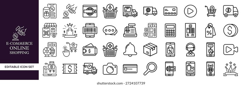 E-Commerce Online Shopping Editable Line Icon Mega Set Con Negocios, Tecnología, Marketing, Pago, Entrega, Carrito, Venta, Tienda, Comercio Digital y Símbolos de Venta al Por Menor para Web, App, UI, Branding y Proyectos Creativos