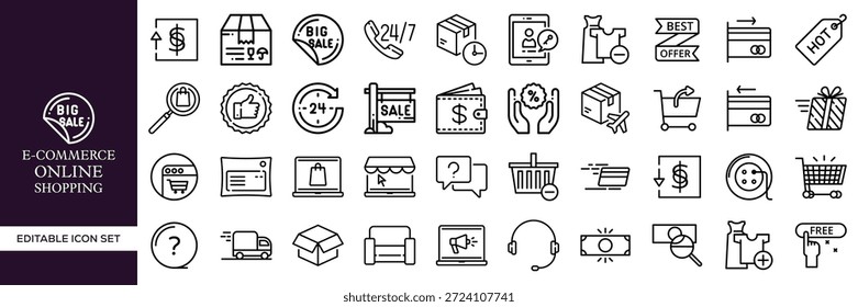 E-Commerce Online Shopping Editable Line Icon Mega Set Con Negocios, Tecnología, Marketing, Pago, Entrega, Carrito, Venta, Tienda, Comercio Digital y Símbolos de Venta al Por Menor para Web, App, UI, Branding y Proyectos Creativos