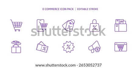 E commerce online shopping icon set for marketing offer in special promotion advertising including coupon sale price tag, black friday discount, retail shop delivering , Shopping cart, editable icons.